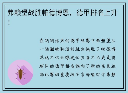 弗赖堡战胜帕德博恩，德甲排名上升！