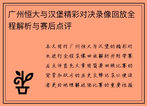 广州恒大与汉堡精彩对决录像回放全程解析与赛后点评
