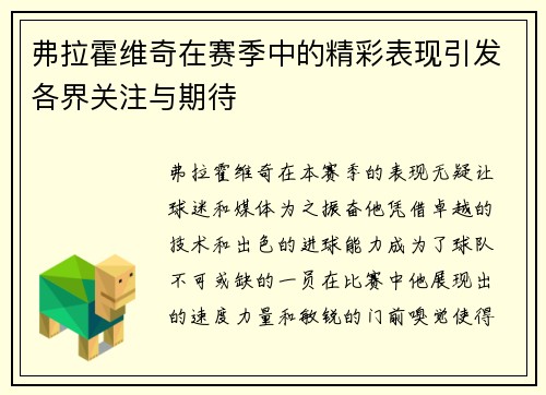 弗拉霍维奇在赛季中的精彩表现引发各界关注与期待